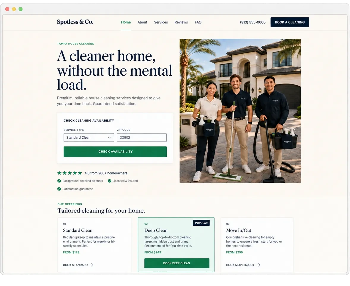 Spotless & Co. demonstration homepage for a local cleaning company serving customers in Tampa, Florida
